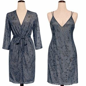Smoke blue silk transparent and opaque robe and slip lingerie- L